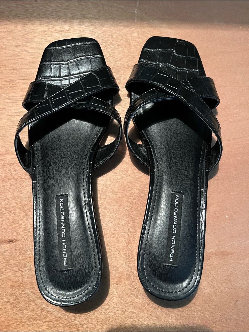 French Connection Black Croc-Embossed Slide Mules